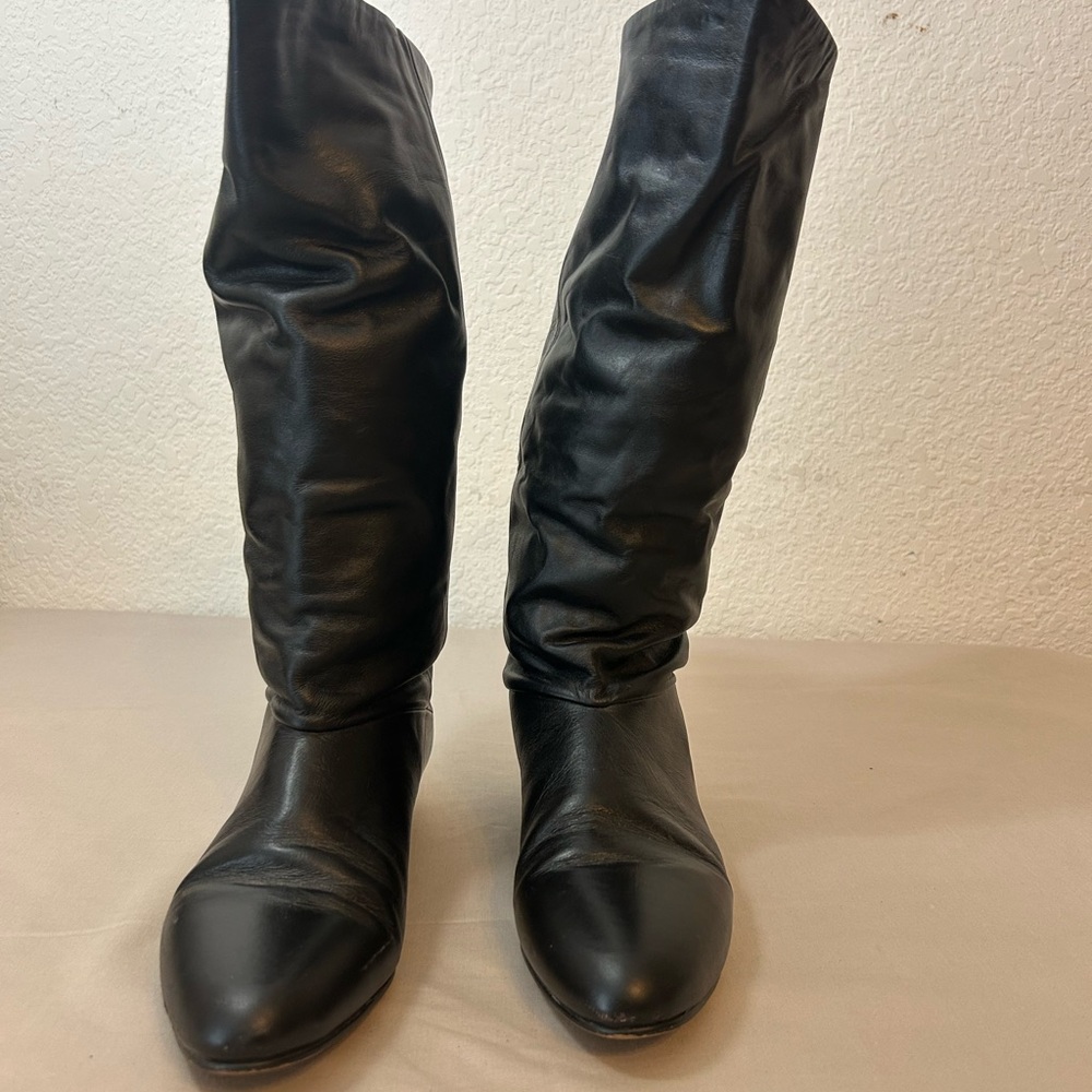 Womens Black Knee High Leather Man Made Heeled Boots Winter Size 7.5 - Picture 3 of 10